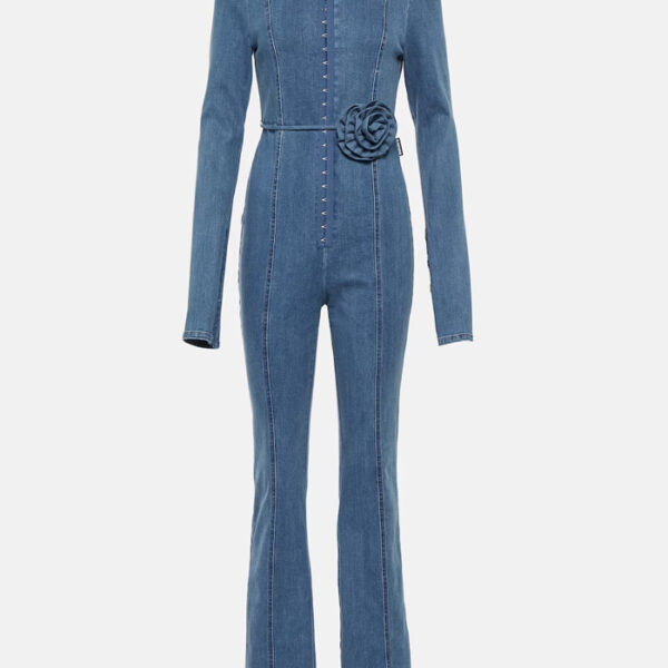 Floral-appliqué denim jumpsuit