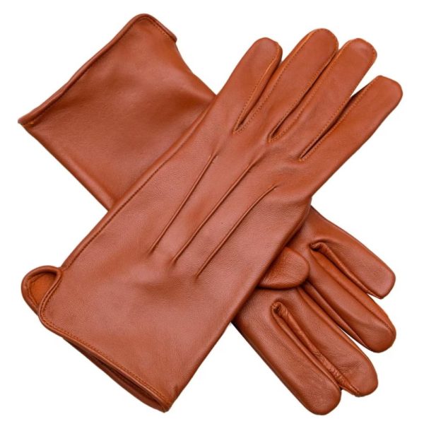 Genuine Leather Unlined Women Dress Gloves With Beautiful Standard Length Extended Up to 2 Inches From Wrist (Cognac, Medium)