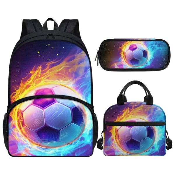 Girls Soccer Backpack for Schoo Fire Theme Elementary School Backpack with Lunch Bag Pencil Case 3pcs School Bag Set for Teens Kids Back to School Backpack Set Kindergarten Bookbags