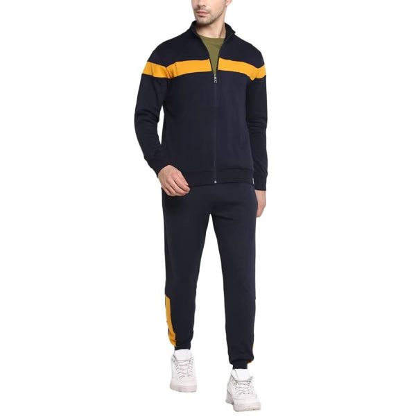 Custom Navy Blue Hooded Breathable Printed Tracksuit Set Unisex Solid Rhinestone Embellished Full Zip Jacket Pants Two Piece Gym